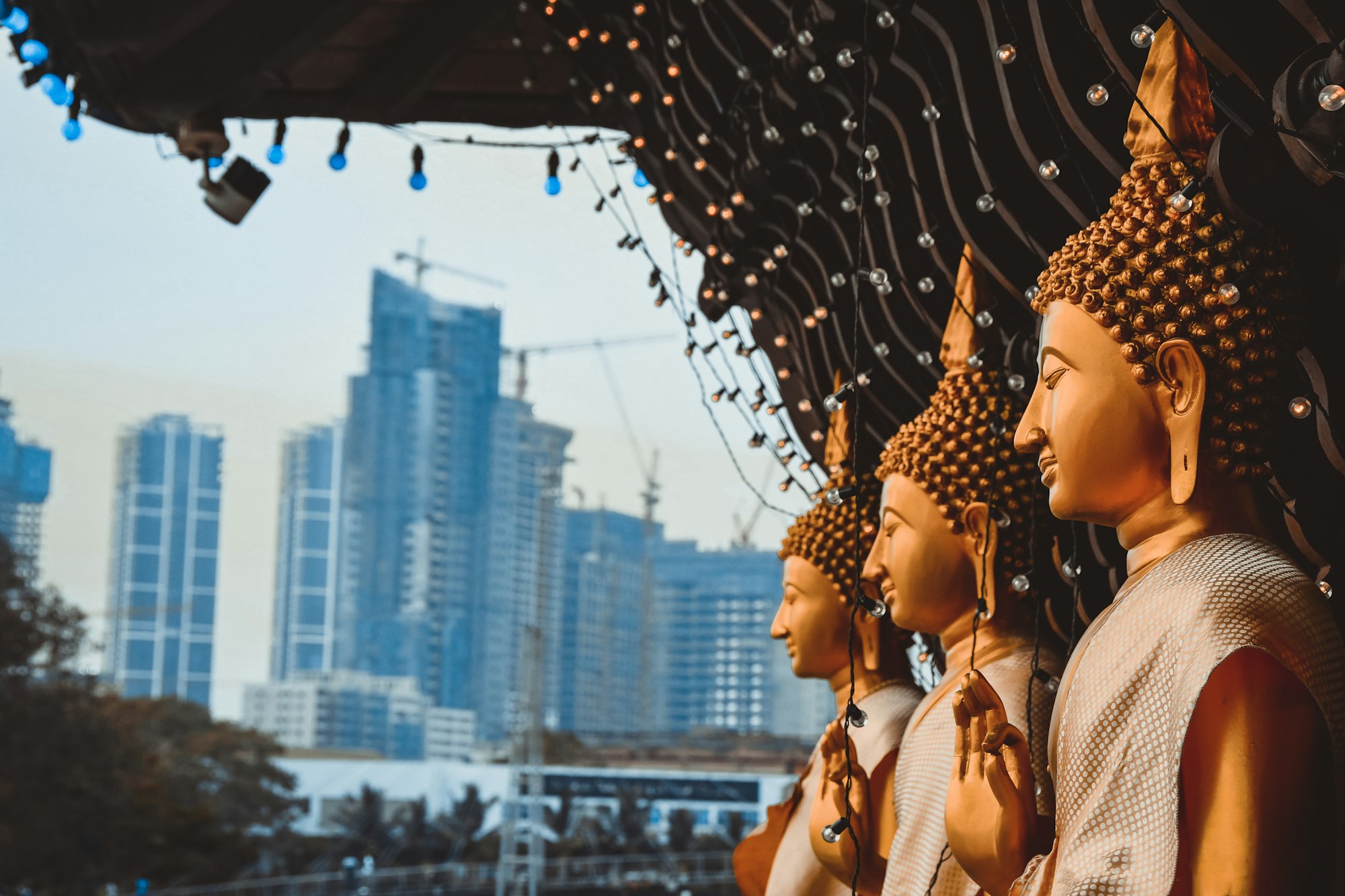 A row of seated Buddha statues with the towers of Colombo behind them